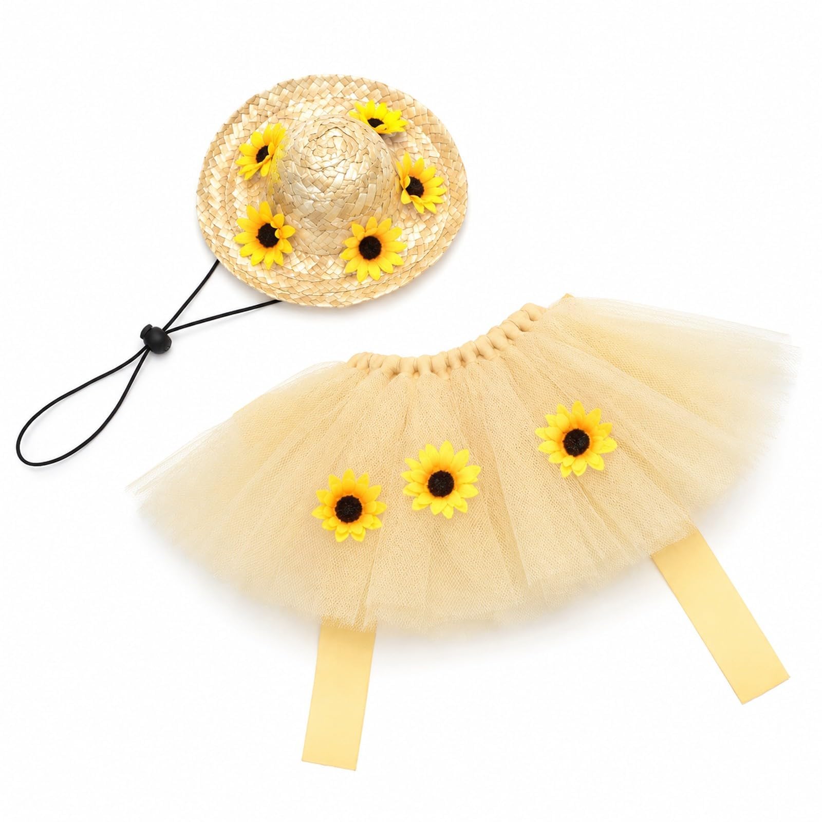 Costume pour animal domestique avec jupe tournesol jaune et chapeau de paille tressée