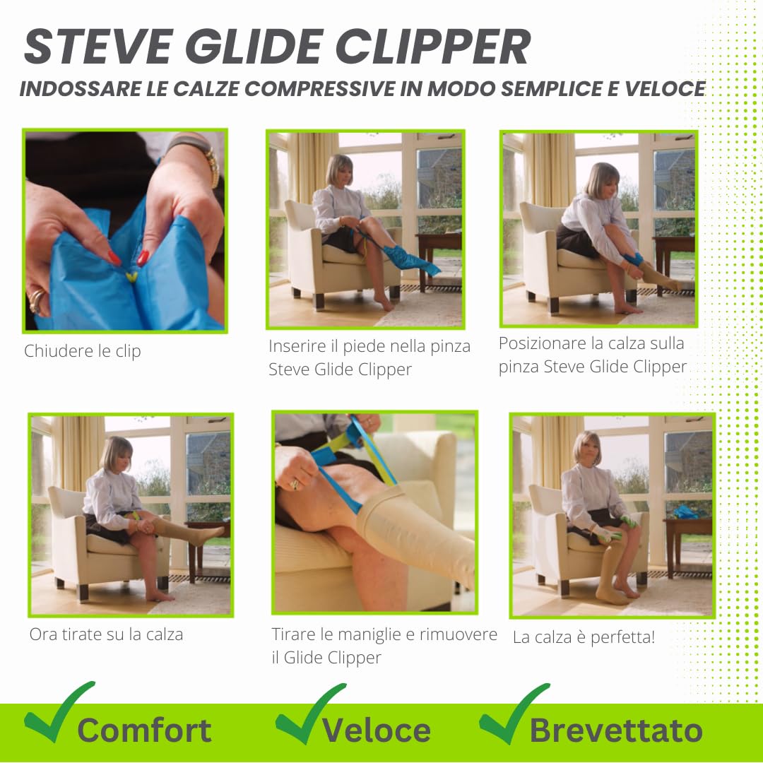 STEVE Glide Clipper 30 secondi di ausilio per la calza a compressione, la calza di sostegno e la calza compressive, per i viaggi in aereo e per lo sport, adatta per le dita aperte e chiuse