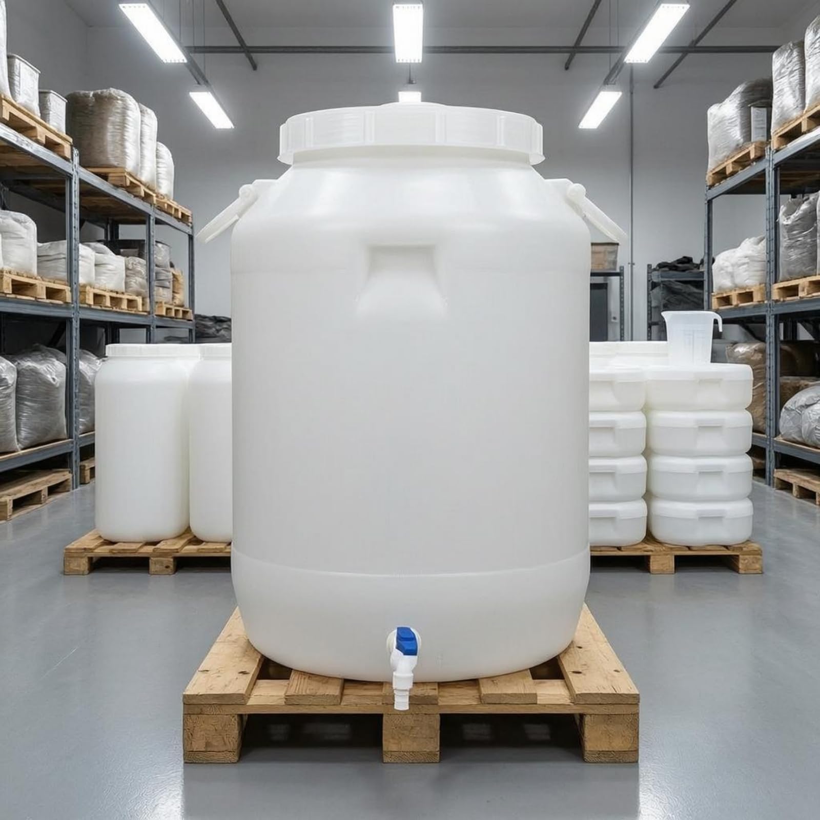Colcolo Barile di Stoccaggio Secchio Contenitore Rubinetto Coperchio Maniglie Plastica HDPE per Conservazione Sicura Adatto per Cucina Magazzino Zona Servizi, 100 L, Coperchio Bianco, Con Rubinetto