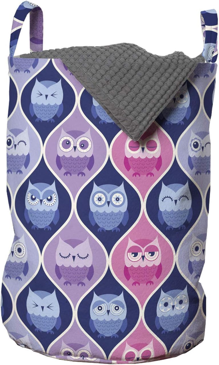 Ambesonne Owl Laundry Bag, Tired Eyes Closed Sleeping Owls Silent Flight Vertical Design Illustration, Hamper Basket with Handles Drawstring Closure for Laundromats, 13" x 19", Pink Purple Blue