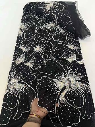 French Tulle net Lace Fabric with Exquisite Floral Patterns for Elegant Womens Sequins and Bead Embroidery Lace Fabrics Black,5 Yards