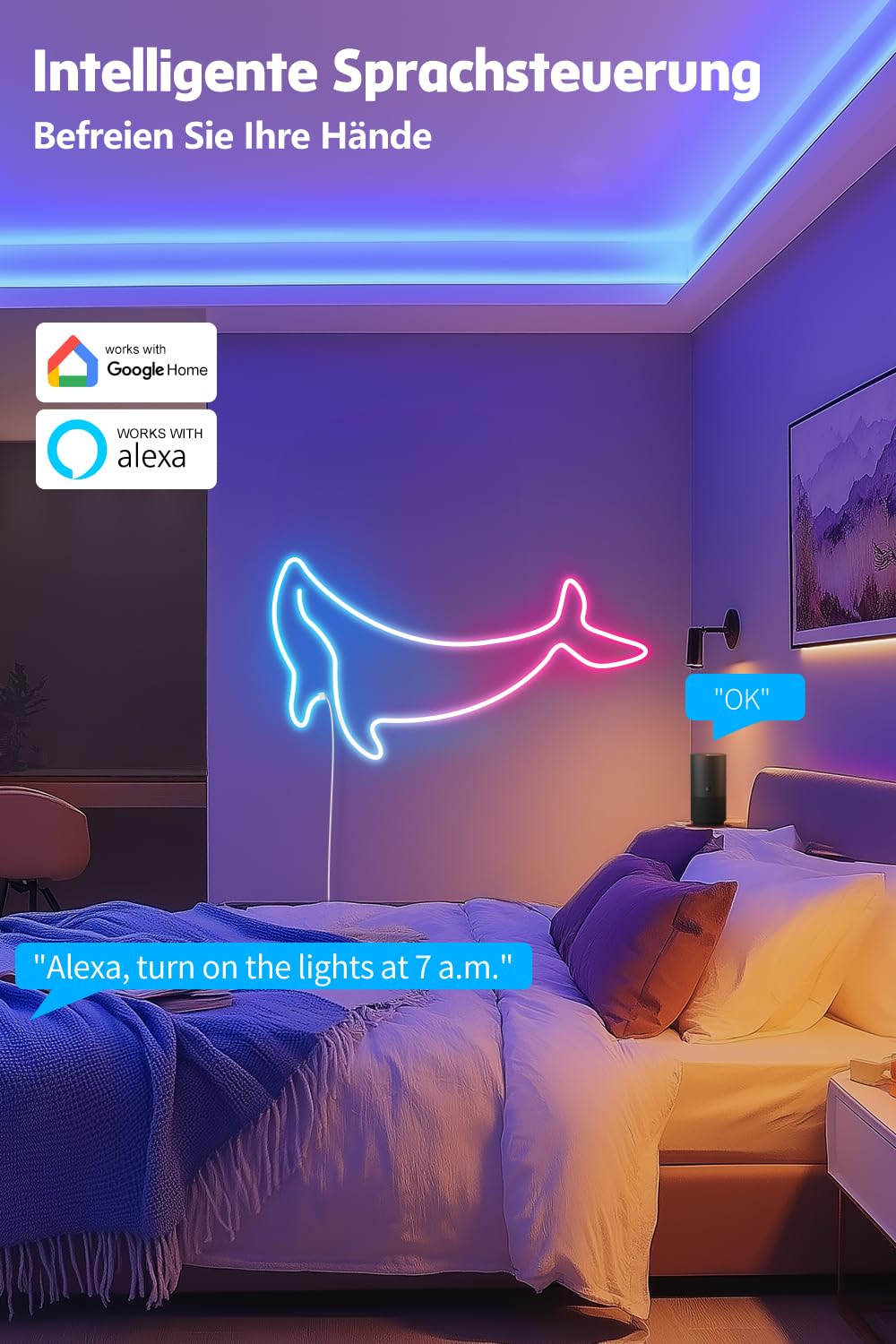 Nixtrve Striscia LED neon RGB 3 m, con controllo app, design fai da te, funziona con Alexa, controllo segmento, sincronizzazione musicale, LED neon per soggiorno, camera da letto, decorazione da