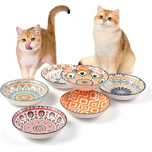 Cat Food Bowls for Indoor Cats Ceramic Cat Bowls Whisker Friendly Cat Dishes for Food and Water 5.5 Inches Kitten Bowls Cute Cat Feeding Bowls Set 6 Cat Wet Food Bowl Set Shallow Cat Plate (Bohemia)