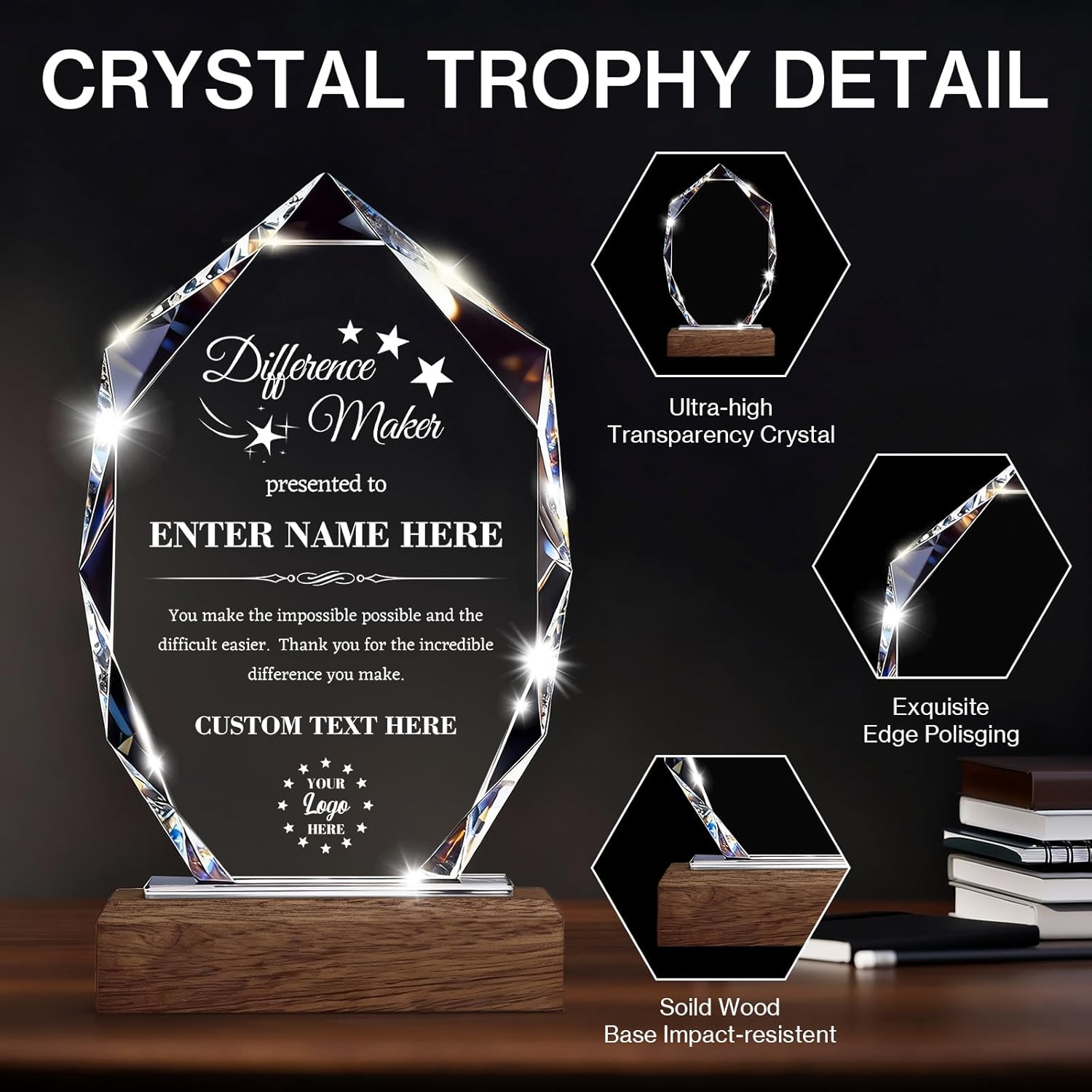 Custom Crystal Trophy Award with Wood Base, Personalized Plaque Engraved with Logo Text for Retirement, Difference Maker, Employee Appreciation Gifts for Coworker