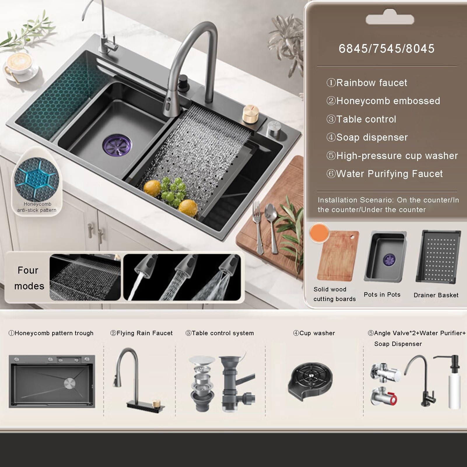Lavello da cucina, 304 in acciaio inox fatto a mano a nido d'ape in rilievo lavastoviglie, controllo da tavolo volare cascata lavello pioggia. (Color : Black, S : 80 * 45 * 22cm)