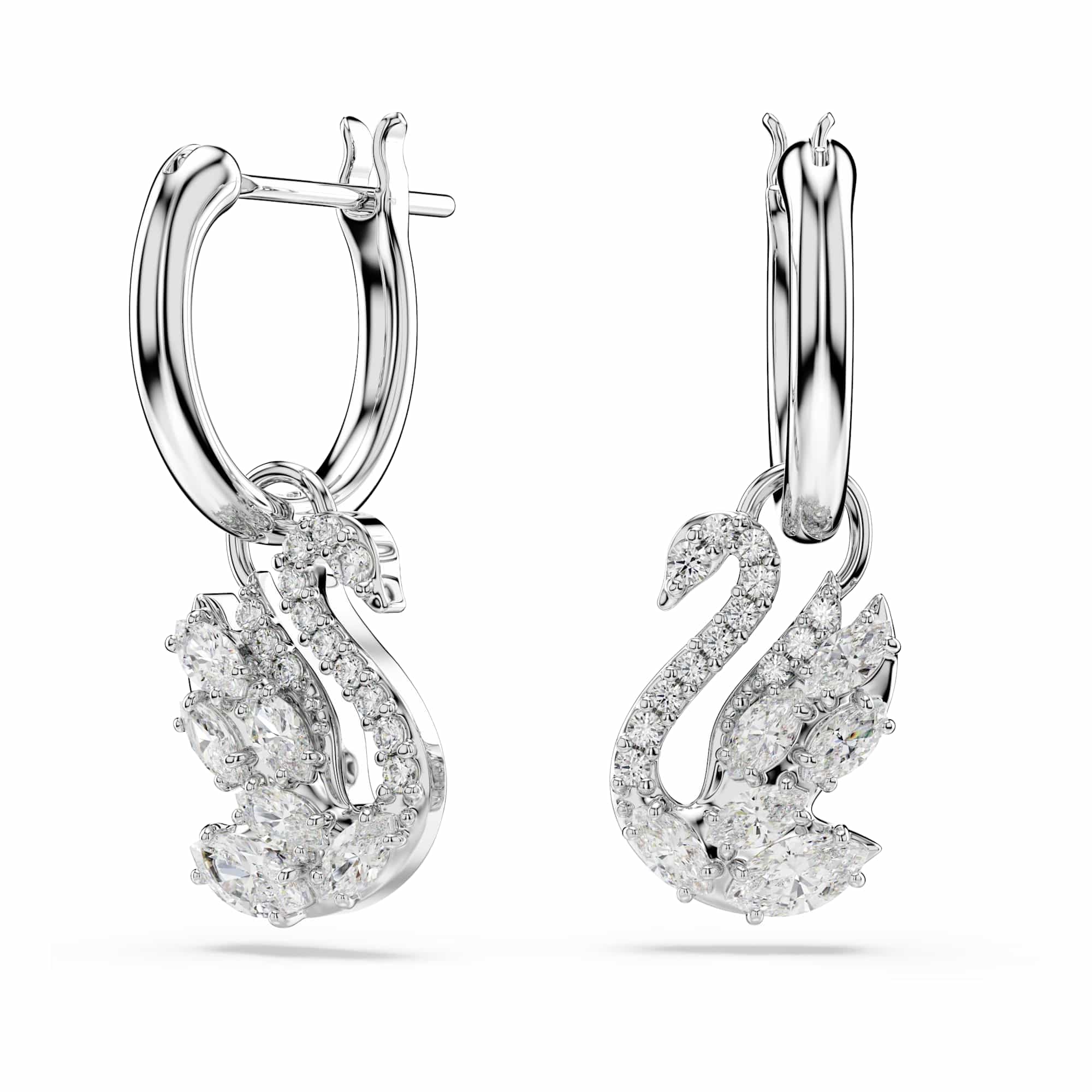 Swarovski Swan Drop Earrings, Mixed Cuts, Swan, White, Rhodium Plated