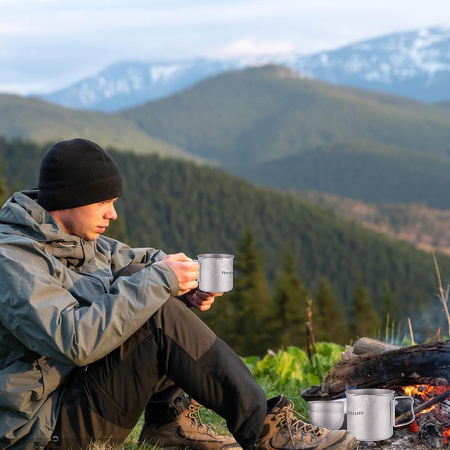 Camping Titanium Tea Set Includes 2Pcs Lightweight Stackable Camping Mugs with Folding Handle & Lid, 2Pcs Tea Cups & Tea Filter, Portable Outdoor Backpacking Gear for Hiking Picnic Traval