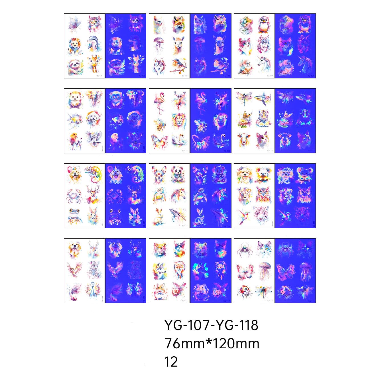 Amazon.com : Fluorescent Watercolor Animal Temporary Tattoos, Neon 