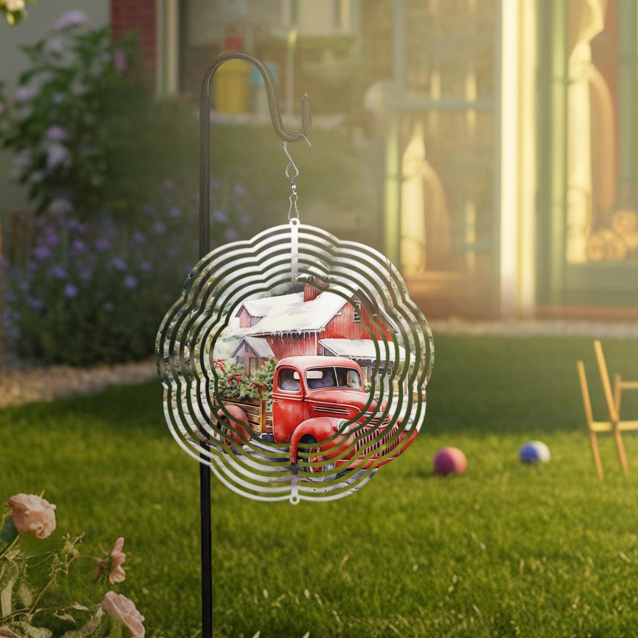 Red Truck Farmhouse Farmer Christmas Wind Spinners 3D Stainless Steel Laser Cut Metal Double Sided Printing-Hanging Indoor/Outdoor Decorations Yard Gardening Decor,Metal Kinetic Art 16x16 inches