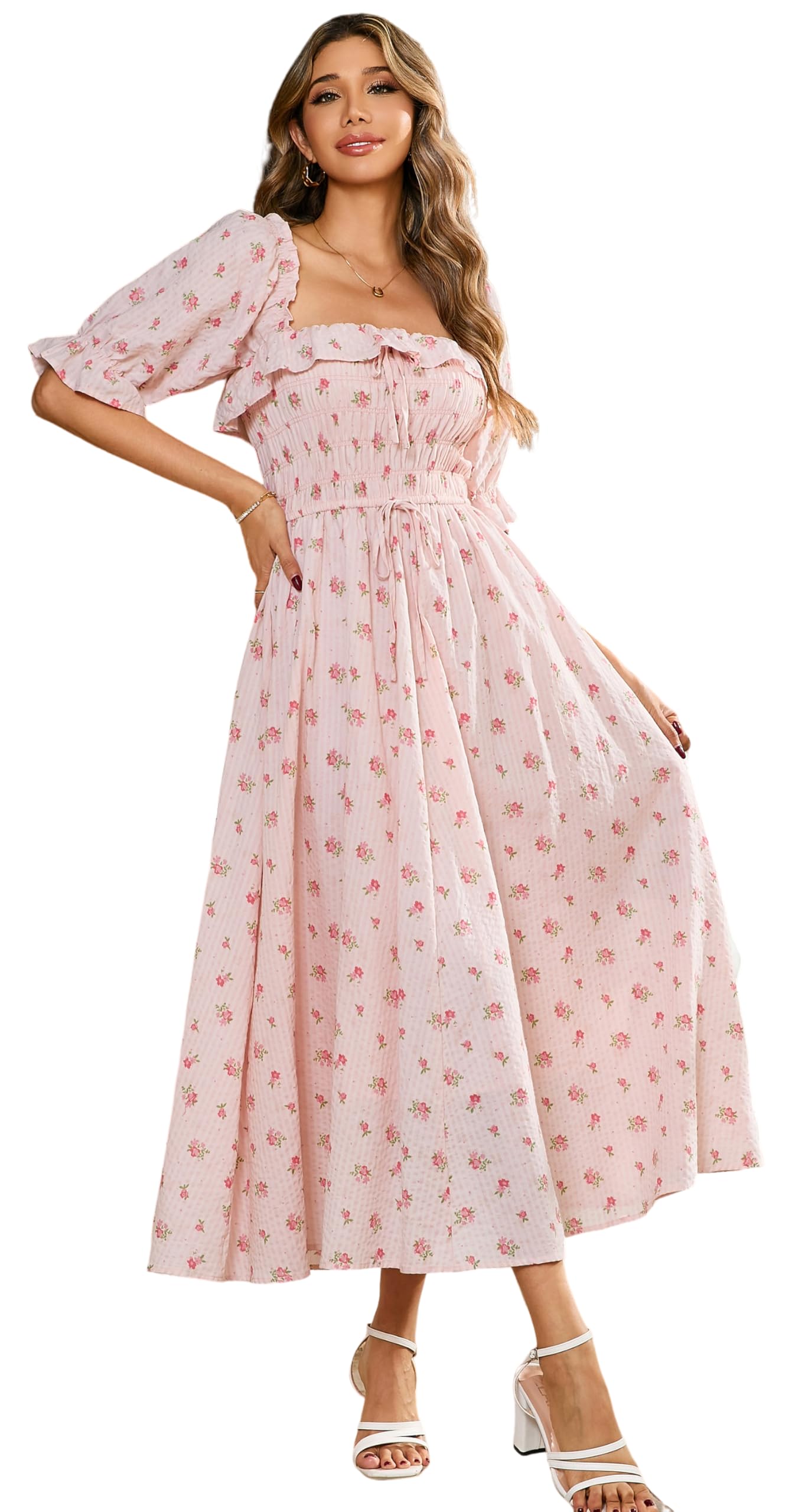R.Vivimos Women Summer Cotton A Line Flowy Long Dresses | Half Sleeve, Ruffled, Vintage Elegant, Smocked Backless Dress, Maternity Shoot, Baby Shower, Casual Vacation Outfits