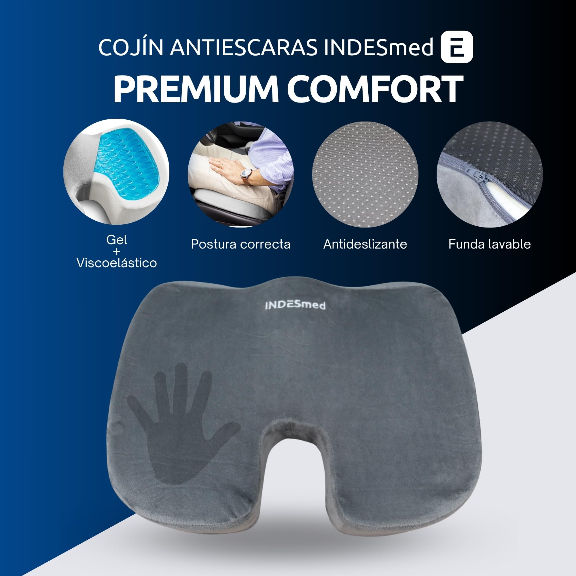 INDESMED Cojín Antiescaras Gel + Viscoelástico de Alta Densidad Premium Memory Foam | Funda Terciopelo Lavable con Antideslizante-Ergonómico, para Oficina, Hogar, Silla de Ruedas, Coche | 45x35x7cm