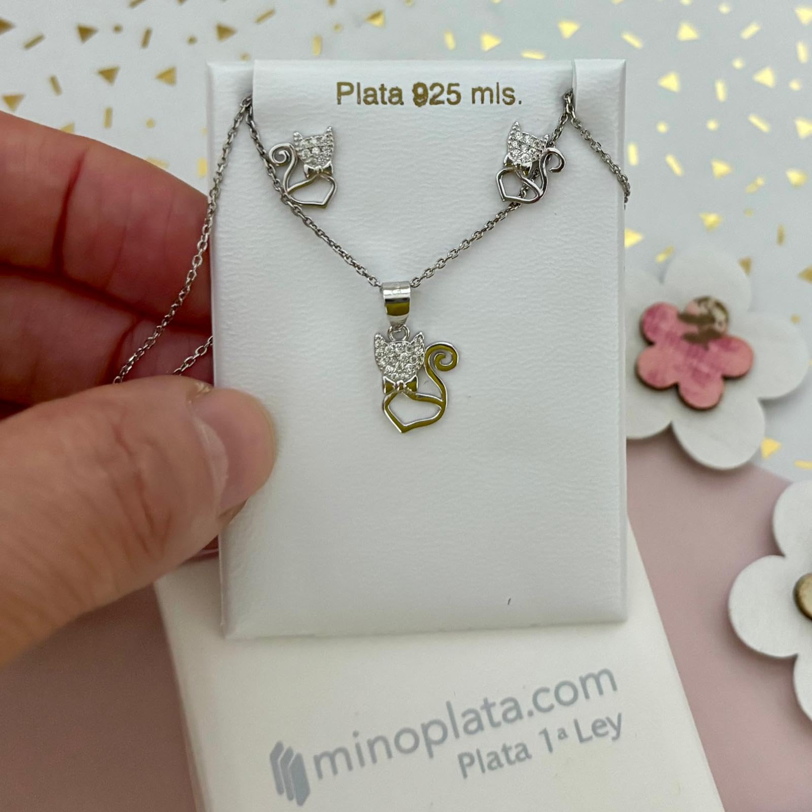 Set di orecchini e girocollo gatti in argento sterling con zirconi