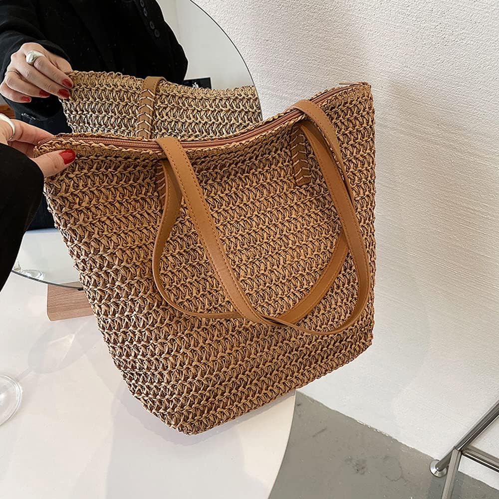 Large Straw Beach Bag for Womens, Straw Handbag Woven Tote Bag With Zipper Summer Shoulder Bag - Image 6