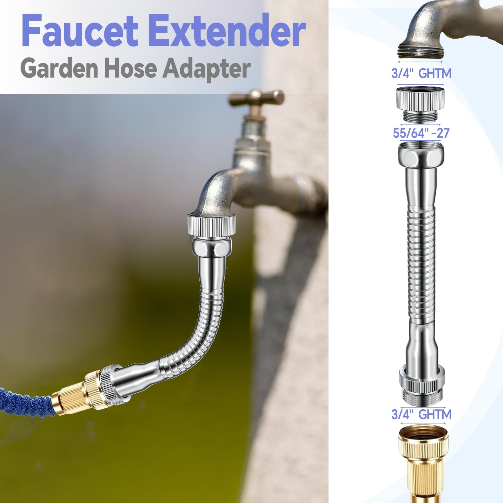 Adaptador extensor de grifo para manguera de jardín con aireador, giratorio de 360° para fregadero de cocina de jardín al aire libre, adaptador a manguera de jardín para macho de 3/4 pulgadas y 55/64