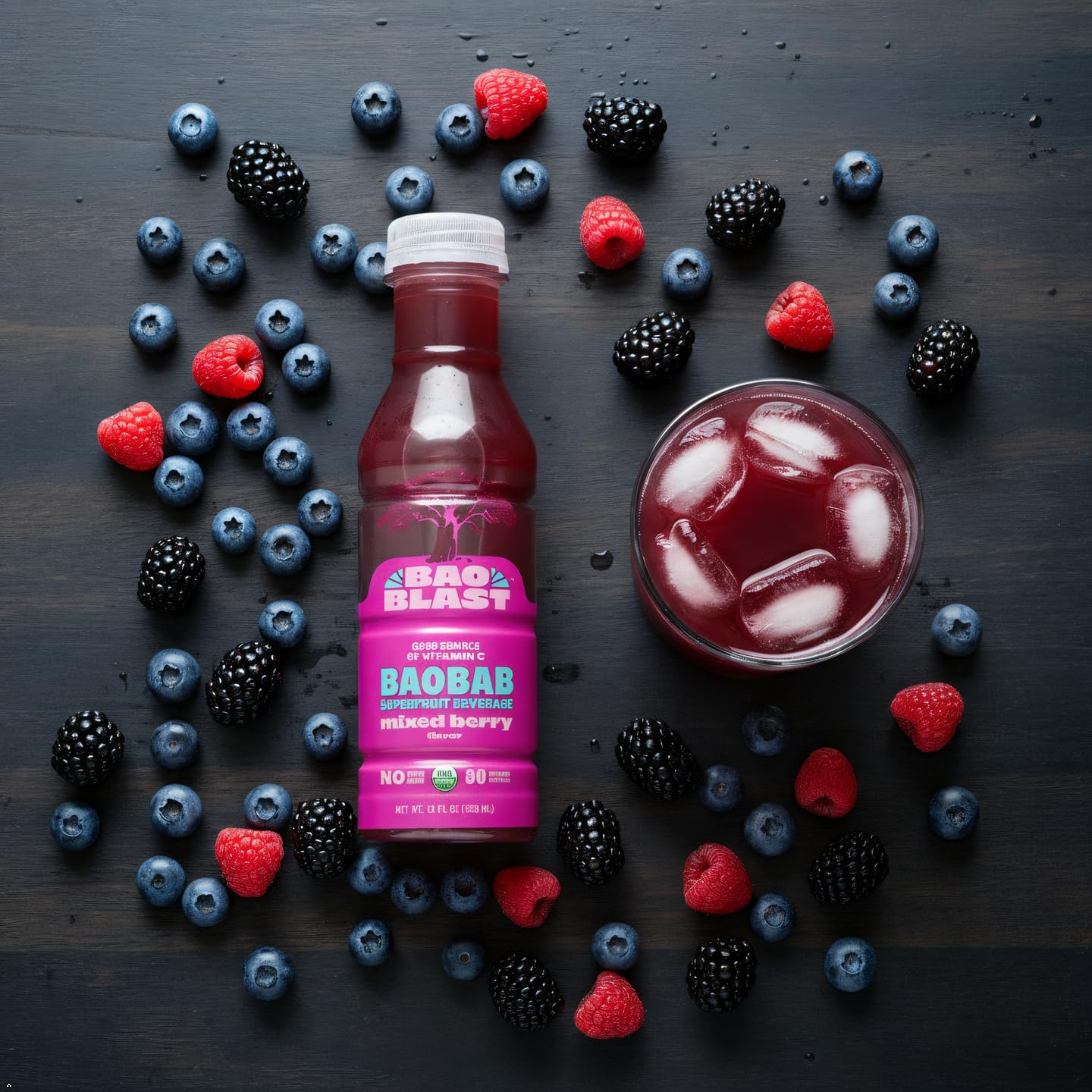 BaoBlast Mixed Berry Baobab Drink – Organic Baobab Juice with Apple, Blackberry & Raspberry, Low Sugar Functional Beverage with Prebiotic Fiber for Immune & Gut Support – 6 Pack, 12 fl oz