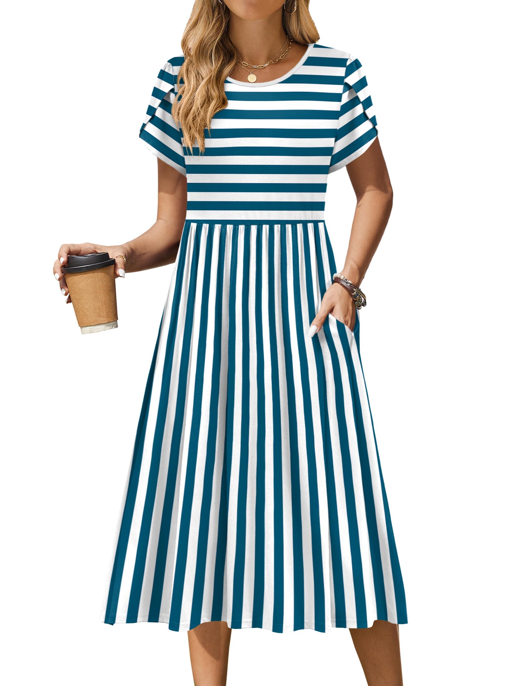 Zeagoo Women'sSundresses Stripe Dress Short Sleeve Shift Dress Flowy Swing Dress Aline Dress Loose Tunic Dress Casual Midi Dress with Pockets Vocation Dress
