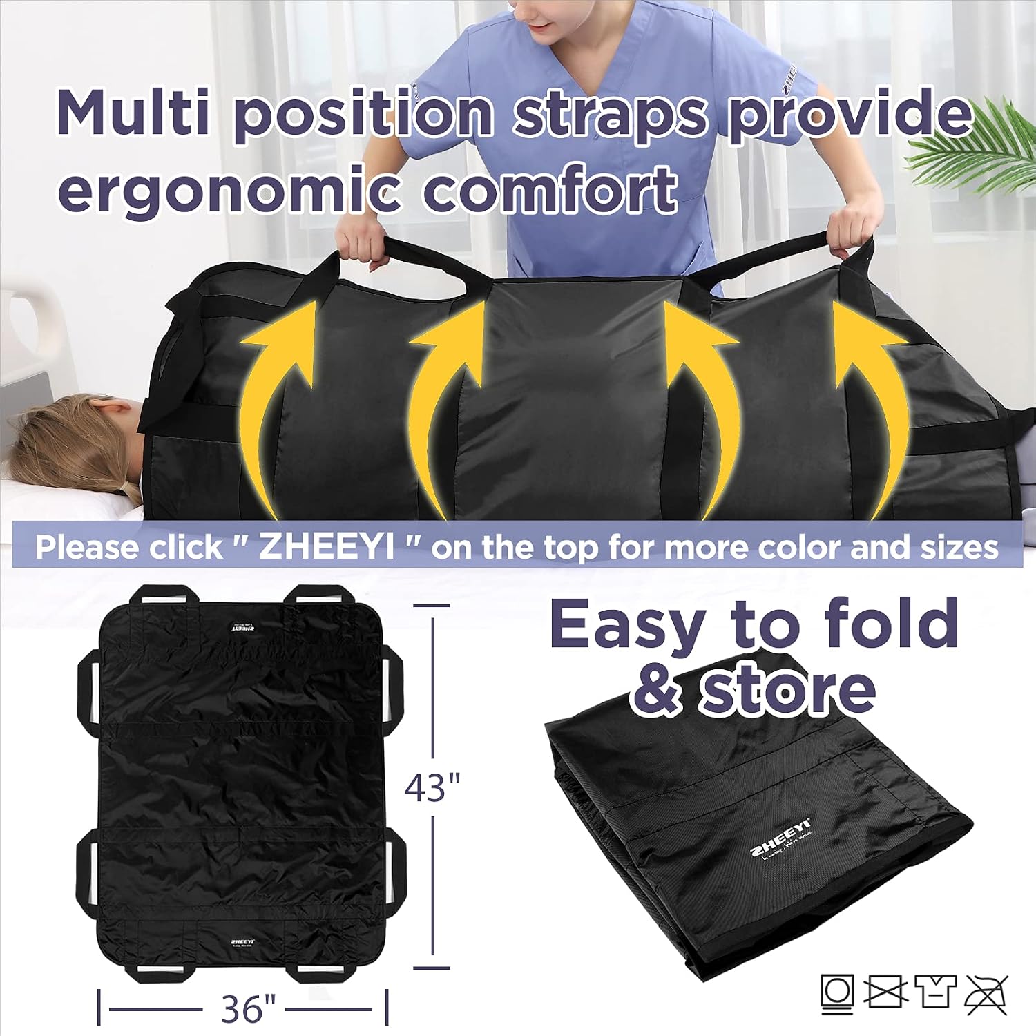 Positioning Bed Pad with Reinforced Handles 43" x 36" Patient Transfer Sheet Aid Assistant for Body Lifting, Turning, Repositioning, for Elderly, Incontinence, Caregiver, Black