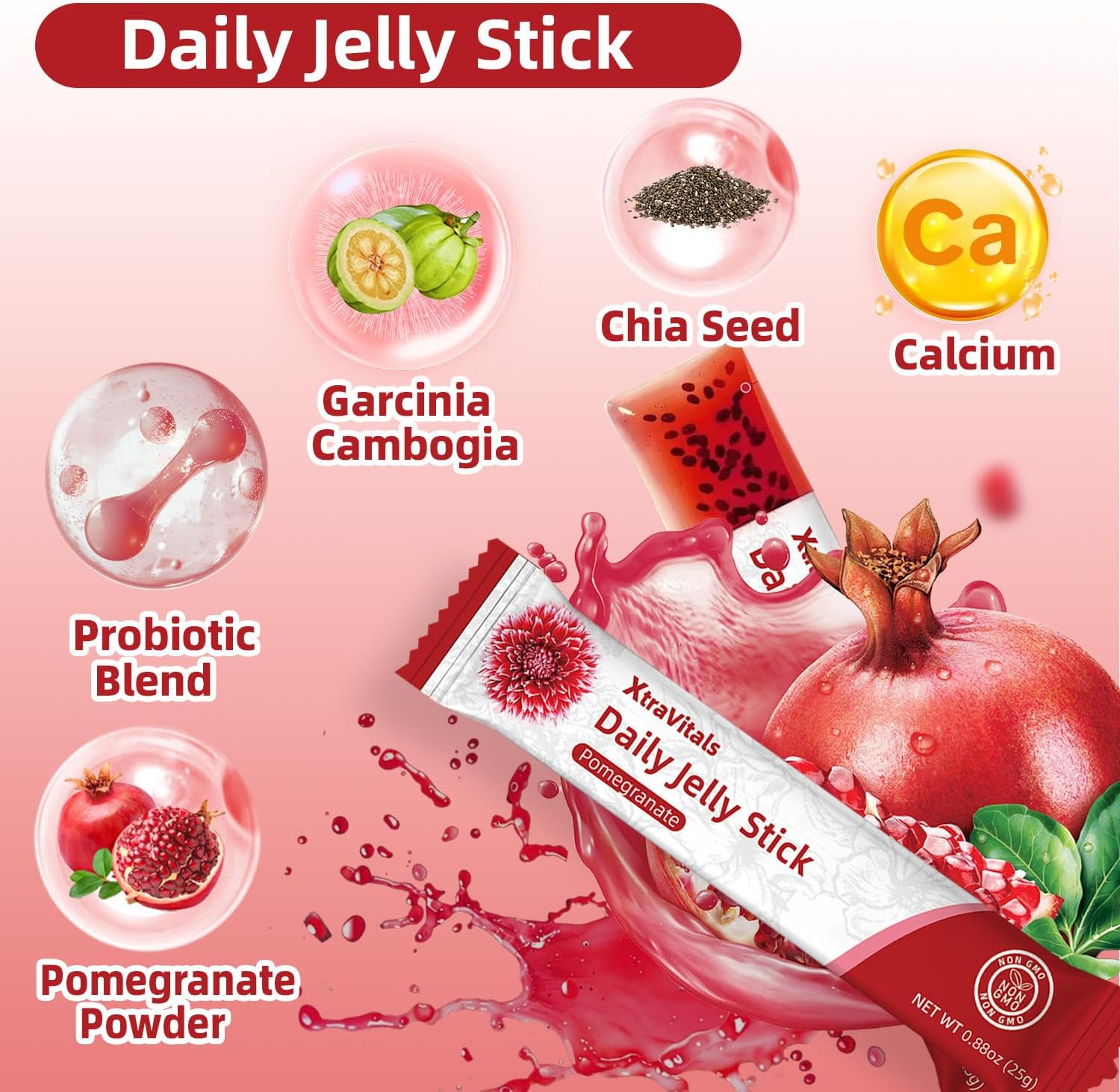 Coleology Cutting Jelly - Collagen Jelly Stick with Chia Seeds Collagen, Hyaluronic Acid, Glowing Skin, Pomegranate Flavored 15 Sticks