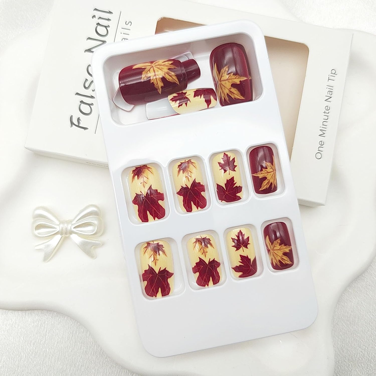 Red Square Press on Nails Medium Fake Nails with Maple Designs Burgundy Nails Press ons Yellow Glue on Nails Fall Acrylic Nails Glossy Stick on Nails for Women 24Pcs