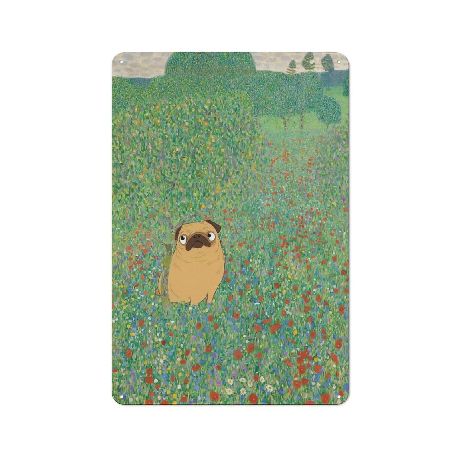 Junmoney Style-3 Klimt Poppies Pug Flowers Printed Metal Sign 30X20cm For Home Office Or Studio, A Housewarming Gift For Fans Of Vintage Interiors