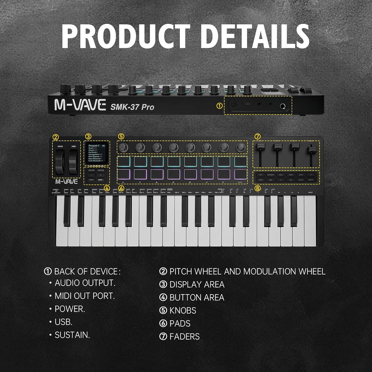 M-VAVE MIDI Keyboard Controller 37-Key 16 Backlit Drum MPC Pads, 8 Knobs，DAW Integration Arpeggiator DAW Software USB/Wireless Connection Professional Music Production Display Screen