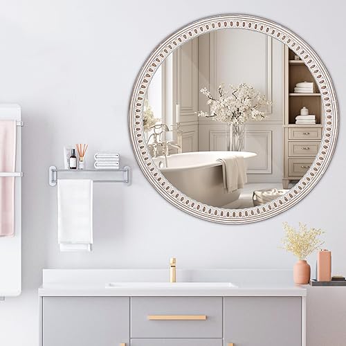 Miniatura 2 de Espejo redondo decorativo de madera de 24 pulgadas con cuentas, espejos circulares rústicos para decoración de pared, sala de estar, entrada, baño
