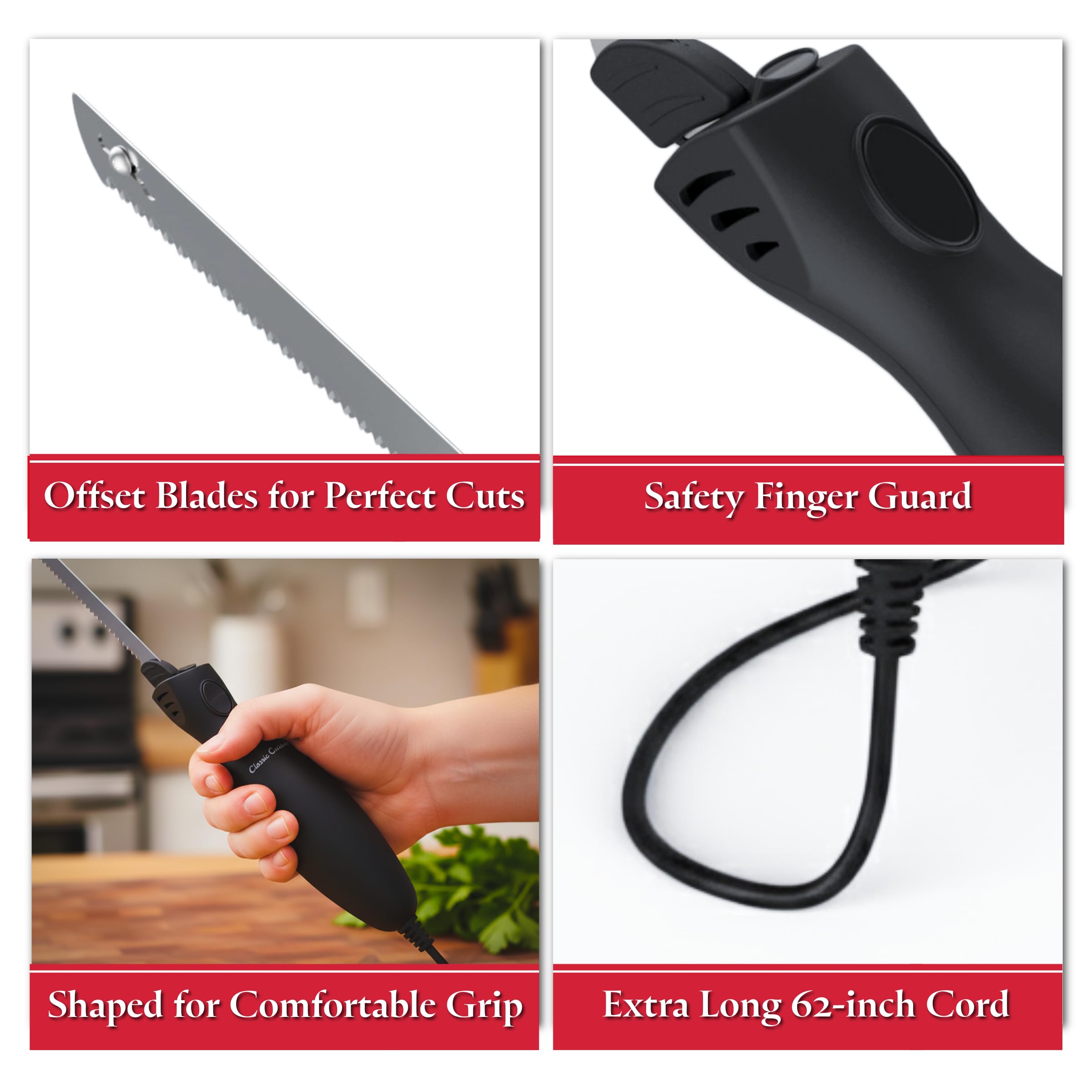 Electric Carving Knife - 8-Inch Serrated Stainless-Steel Blade Cutter with Comfort Grip Handle for Slicing Turkey and Meat by Classic Cuisine (Black) — Amazon image 4