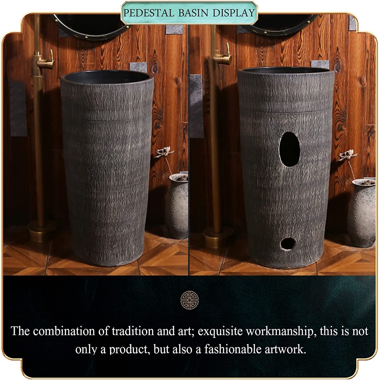 Wolnostojąca łazienka zlew na cokole sztuka hotel dom zlew na cokole ręcznie wykonana ceramiczna umywalka cokół glina kaolinowa okrągła wolnostojąca umywalka z odpływem i kranem, B-bez lustra