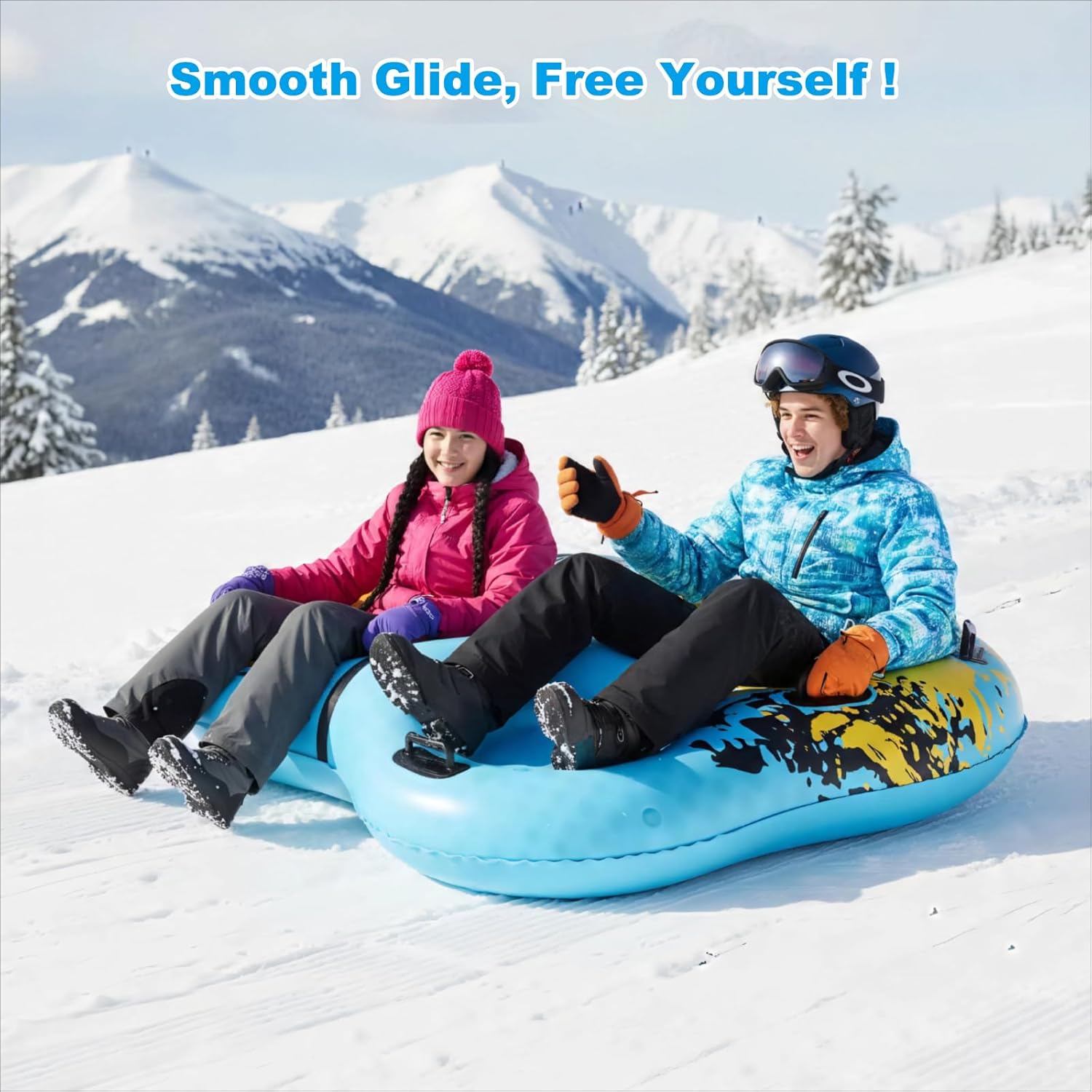 3-Seat Snow Tube Sled, 55 Inflatable Heavy Duty Snow Sled for Adults, Thickened Bottom Snow Tubes with 6 Reinforced Handles, Winter Outdoor Family Christmas for Sledding Gifts