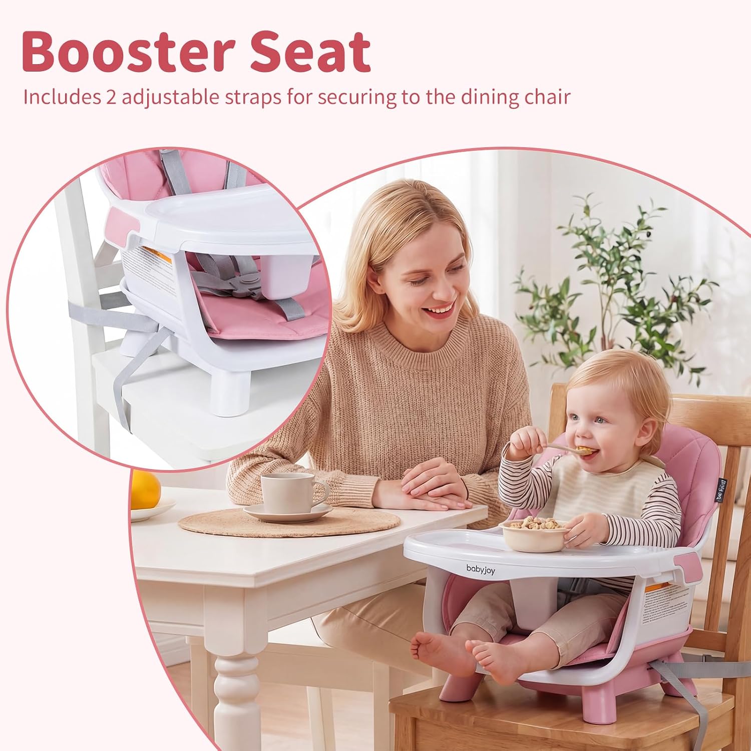 BABY JOY 8-in-1 High Chair, Convertible Wooden Highchairs for Babies and Toddlers | Dining Booster Seat | Toddler Stool, Double Removable Tray, 5-Point Safety Harness & Waterproof PU Cushion (Pink)