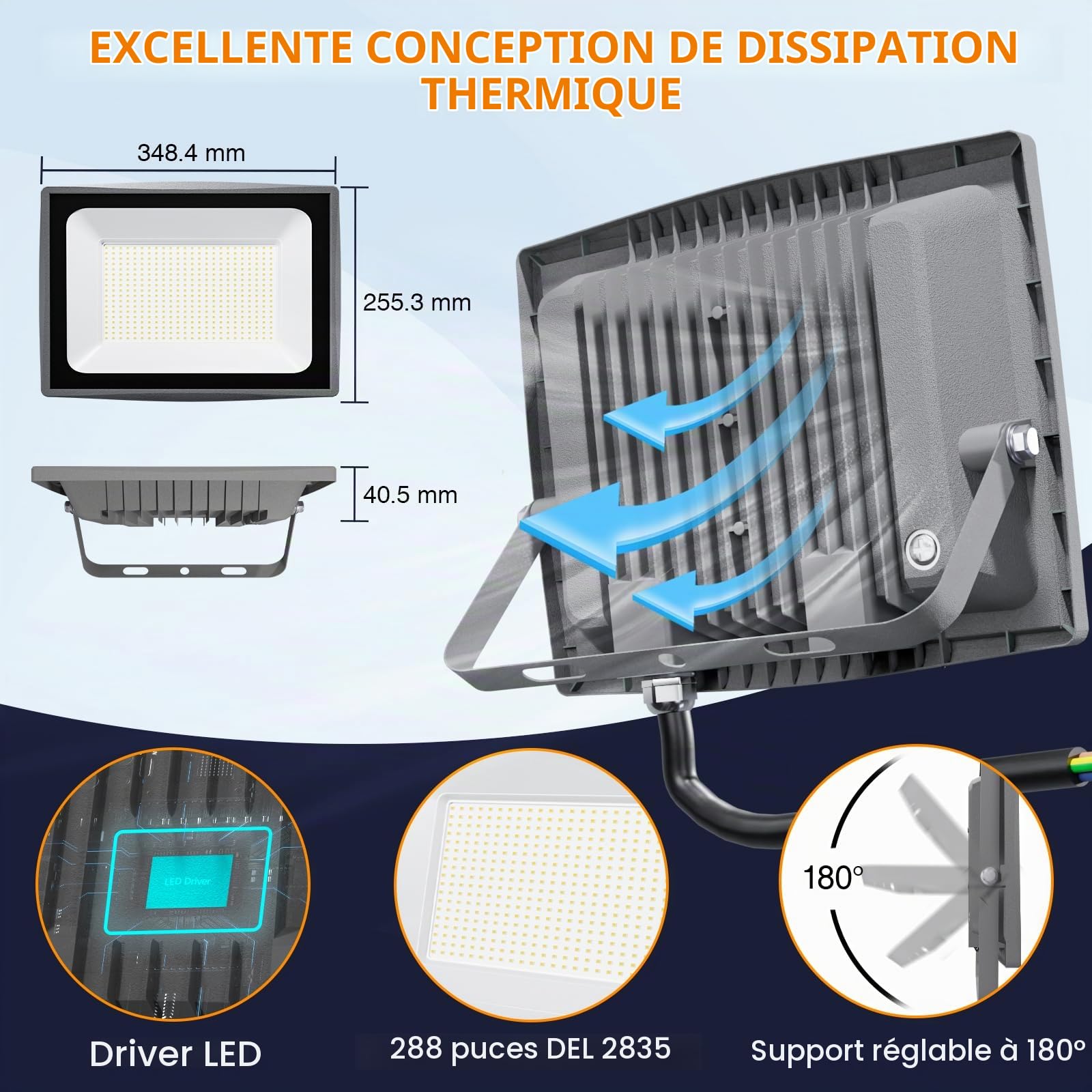 Projecteur LED Exterieur 200W, 20000LM Spot LED Extérieur IP65, 6500K Blanc Lampe Exterieur Pour Terrasse Jardin Garage Cour (200W-1PC)