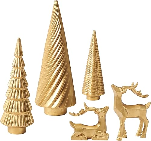 WDS WONDROUS Decoración navideña de renos y mini árboles dorados, estatuas de reno de resina y figuras de árbol de Navidad para decoración interior