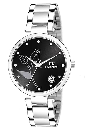 IIK COLLECTION Round Studded Dial Stainless Steel Bracelet Chain Strap Analogue Wrist Watch for Women and Girls