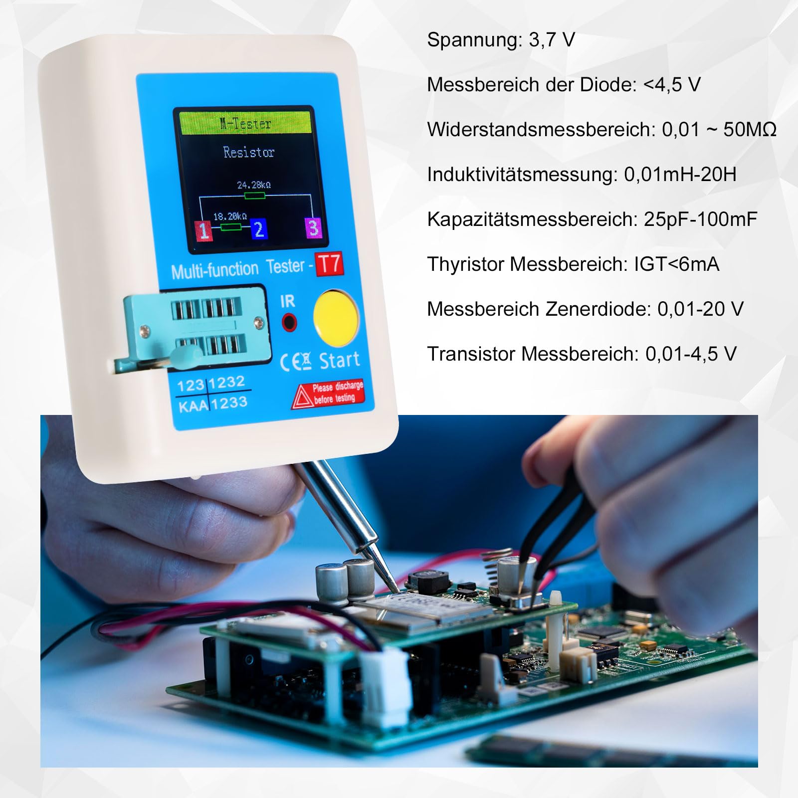 LCR-T7 Testeur de transistors avec écran couleur TFT AYWHP LCR-TC7 Mètre de transistor pour diodes, triodes, condensateurs, NPN, PNP, MOSFET IR