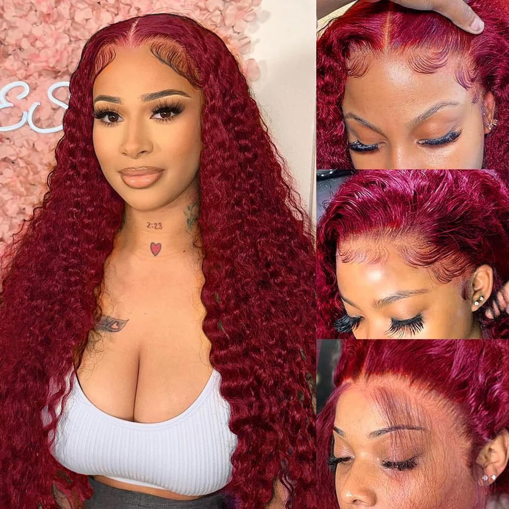 250% Density 99J Burgundy 13x6 Deep Wave HD Lace Front Wigs Human Hair for Women Glueless Burgundy Deep Curly Lace Frontal Wigs Brazilian Virgin Human Hair Wigs Pre Plucked with Baby Hair(#99j,28Inch)