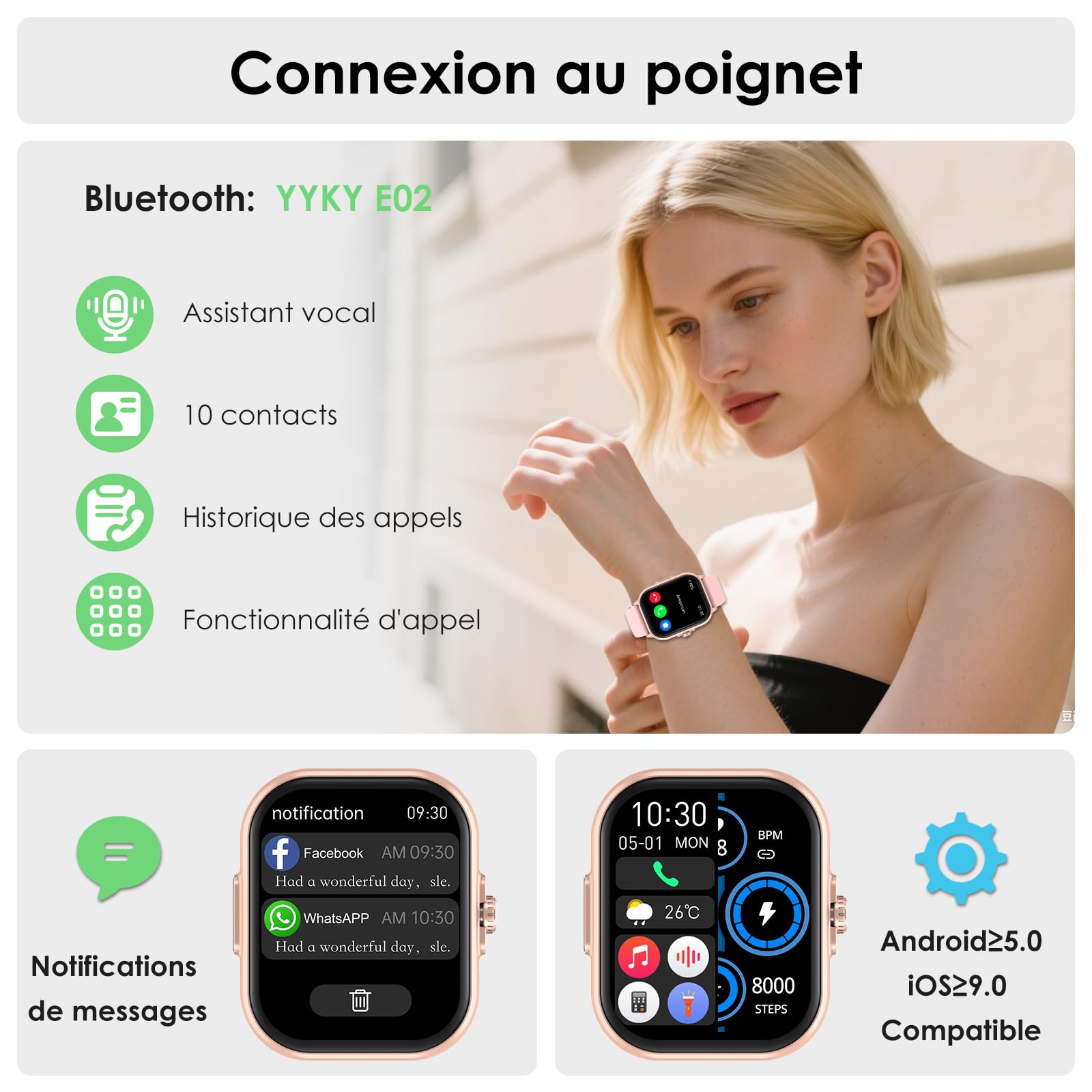 YYKY Montre Connectée Femme avec ECG/VRC, Appels Bluetooth, Suivi Santé 24H | Montre santé 2,01" avec suivi du sommeil, bouton SOS, indice IP67, autonomie de 3 à 7 jours, pour seniors, iOS Android