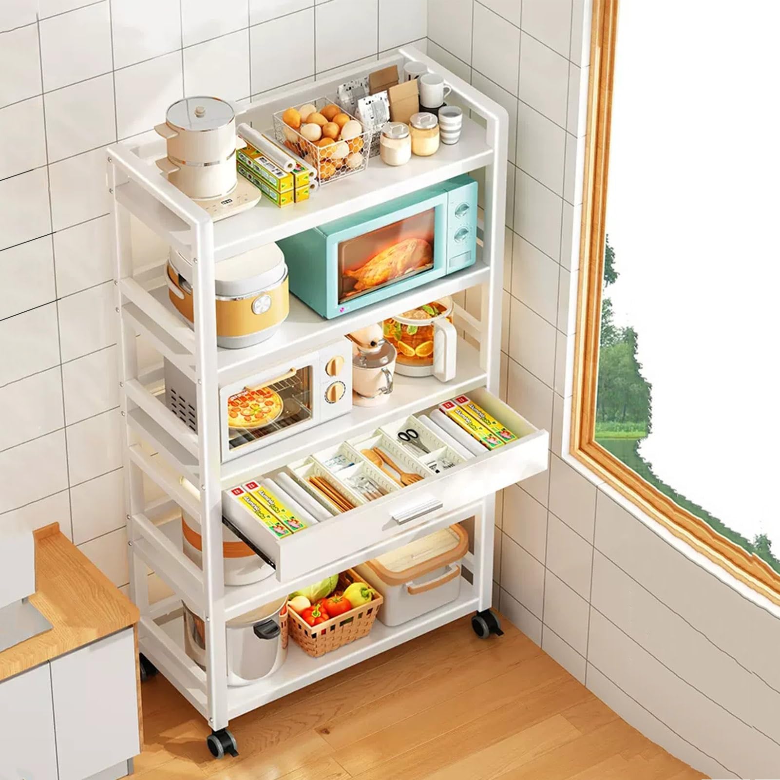 Moderno ripiano per Forno a microonde con cassetto e Ruote per riporre Gli Utensili da Cucina, Bianco 70x39xXX cm