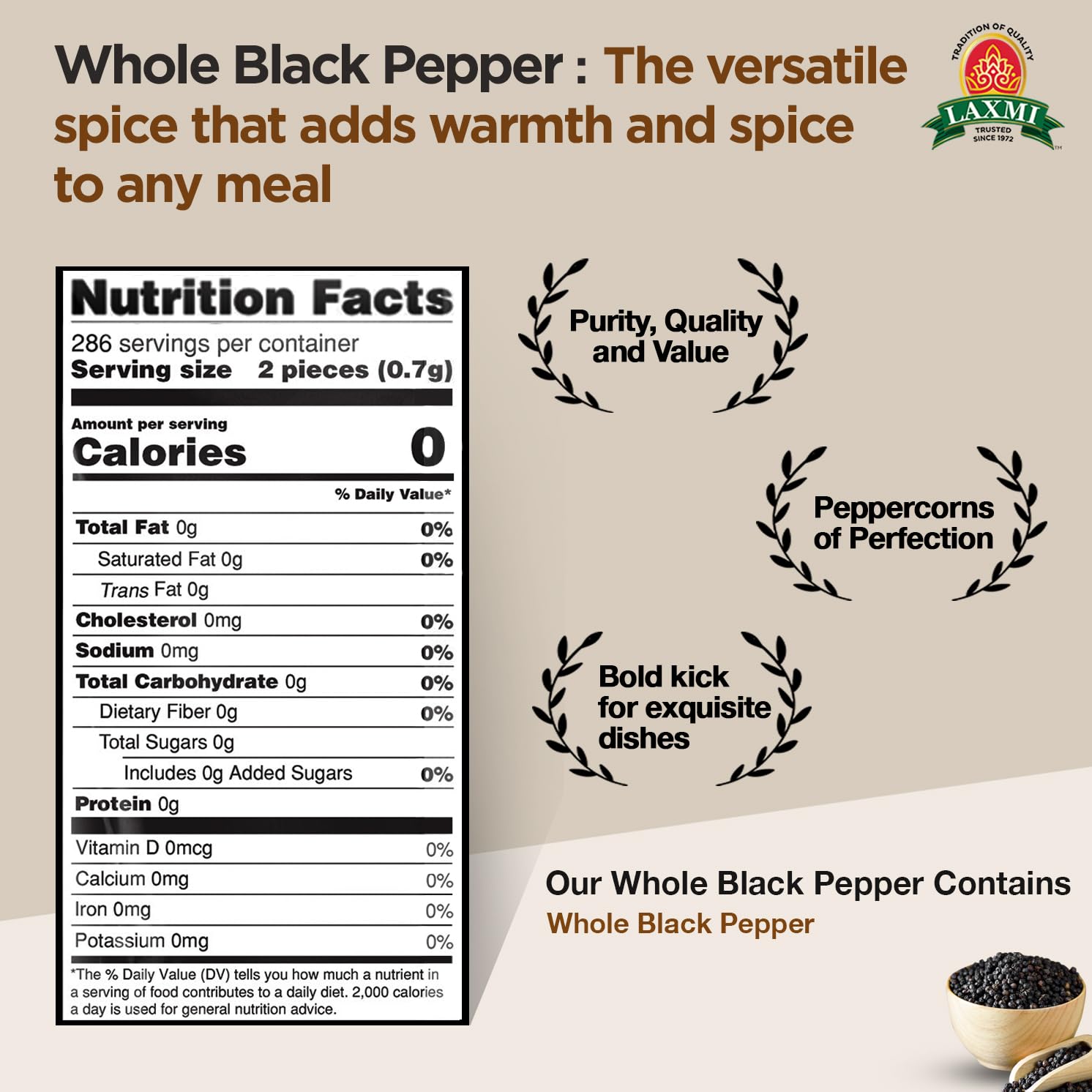 Laxmi Black Pepper Whole Peppercorns 200gm | Tellicherry Black Peppercorn | Premium quality and high value Peppercorns, black | Ethical sourced