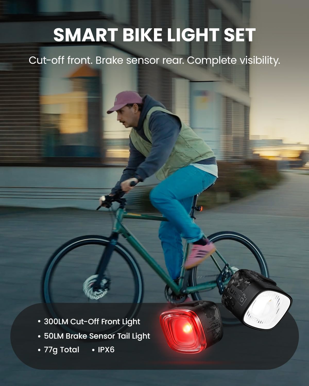 Ensemble d'éclairage vélo Magicshine URBO COMBO,feu arrière avec capteur de freinage et phare avant à coupure nette. Accessoires vélo ultralégers et étanches, idéaux pour les trajets urbains nocturnes | Phare de freinage, feu arrière, ultra léger, marche/