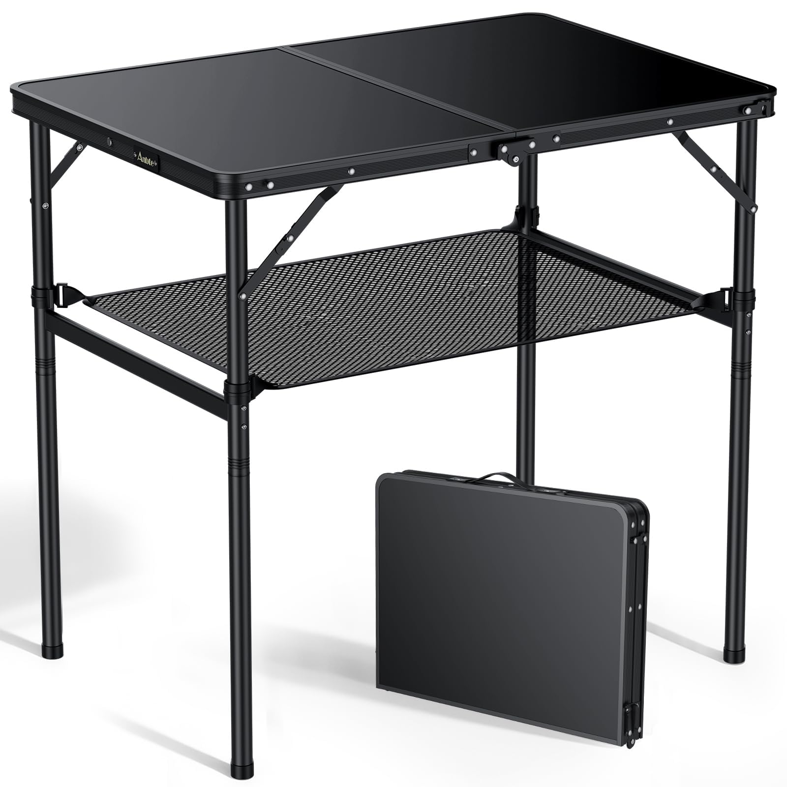 Anbte Campingtisch Klappbar 90x60x74.7cm(LxBxH) Aluminium Rahmen mit 2 Höhen Verstellbar Koffertisch 30kg Tragkraft mit Aufbewahrungsnetz Tragbar Picknicktisch für Camping Strand Balkon (Schwarz)