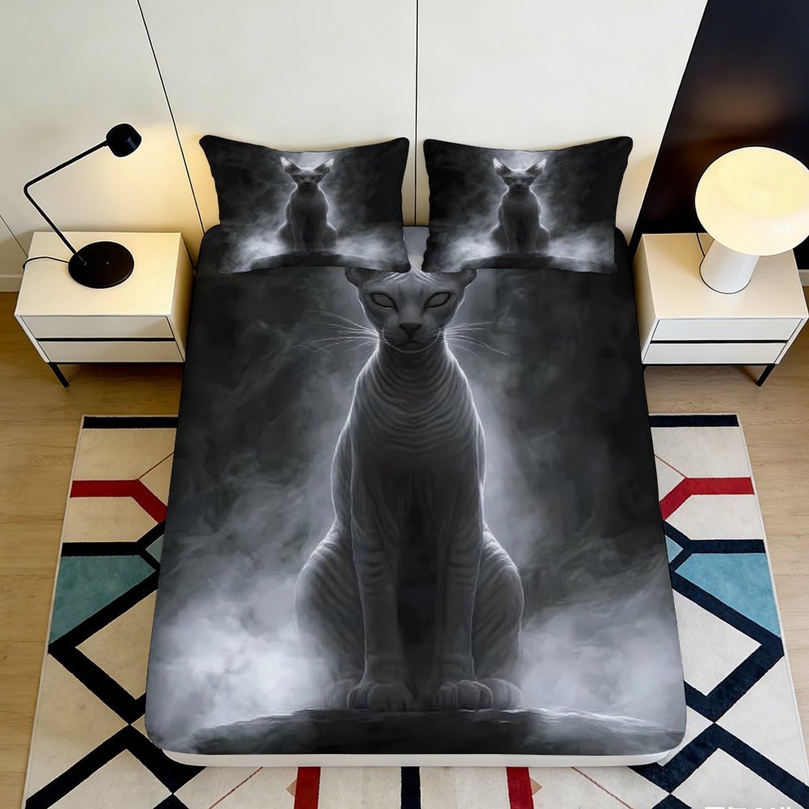 3D Printed Mystic Sphynx Cat Fitted Sheet Microfiber Black Gothic Smoke Bed Cover for Bedroom Dorm Mattress Decor 90x200x25cm