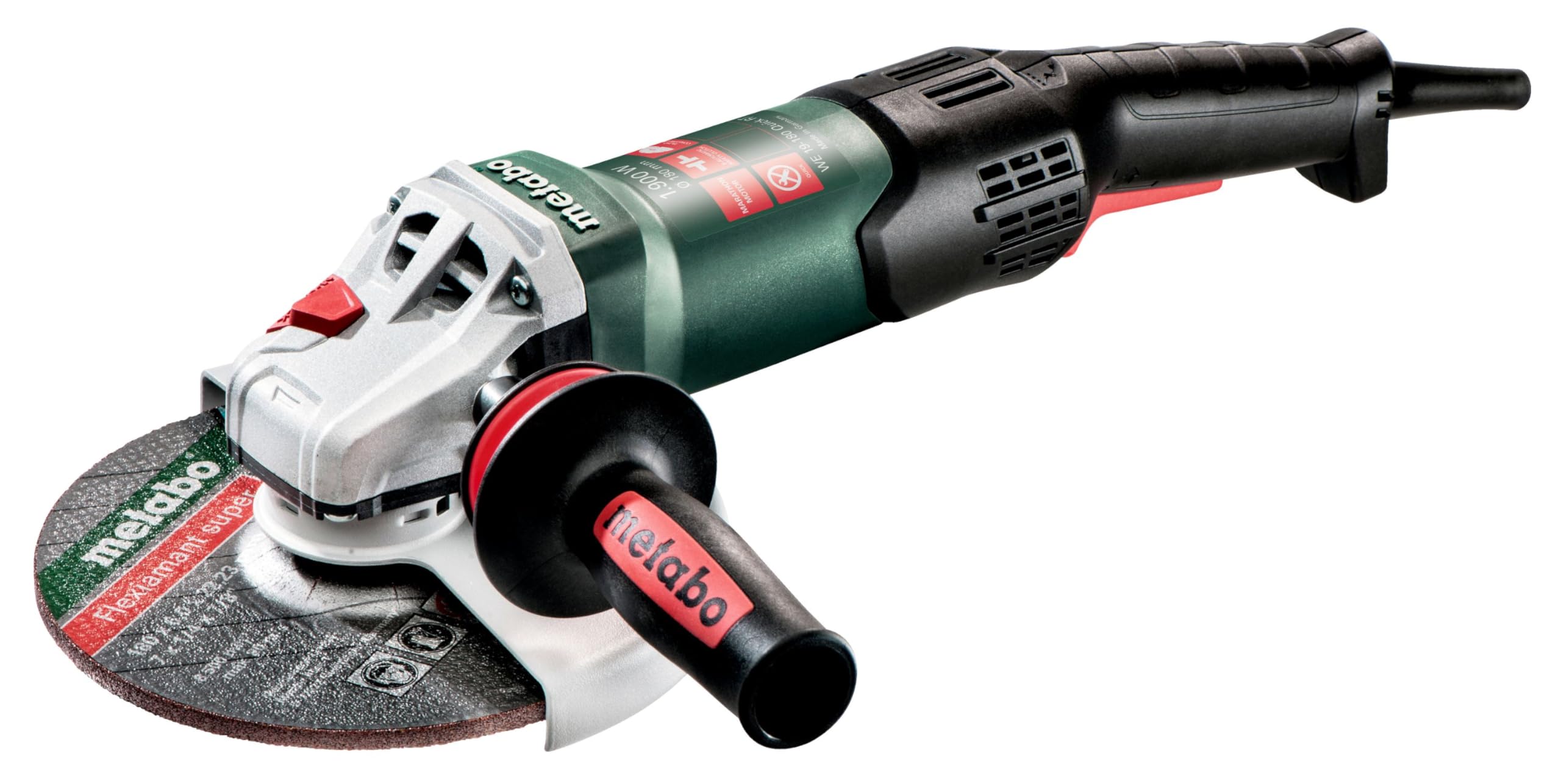 Metabo Amoladora Angular con cable WE 19-180 Quick RT (1900 W, Ø del disco 180mm, 8.200 rpm, Sistema M-Quick, Embrague de seguridad S-automatic, Arranque suave Softstart y Sistema Antivibración MVT)