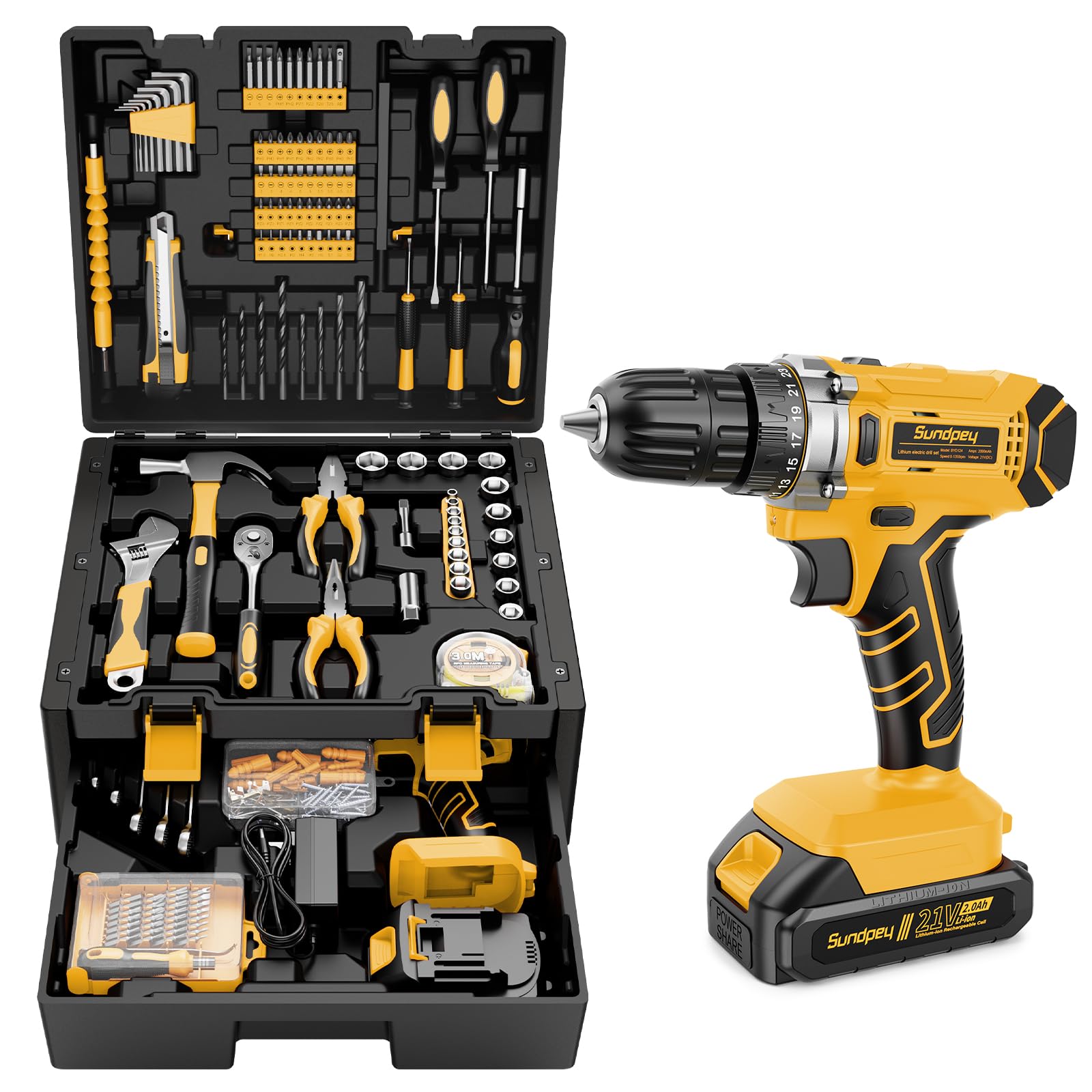 Caja de Herramientas 267 Piezas con Taladro Inalámbrico 21V, Taladro Atornillador y Batería 2.0 Ah, Juego Herramientas Eléctricas y Manuales para Bricolaje en Hogar, Maletín Organizador con Cajones