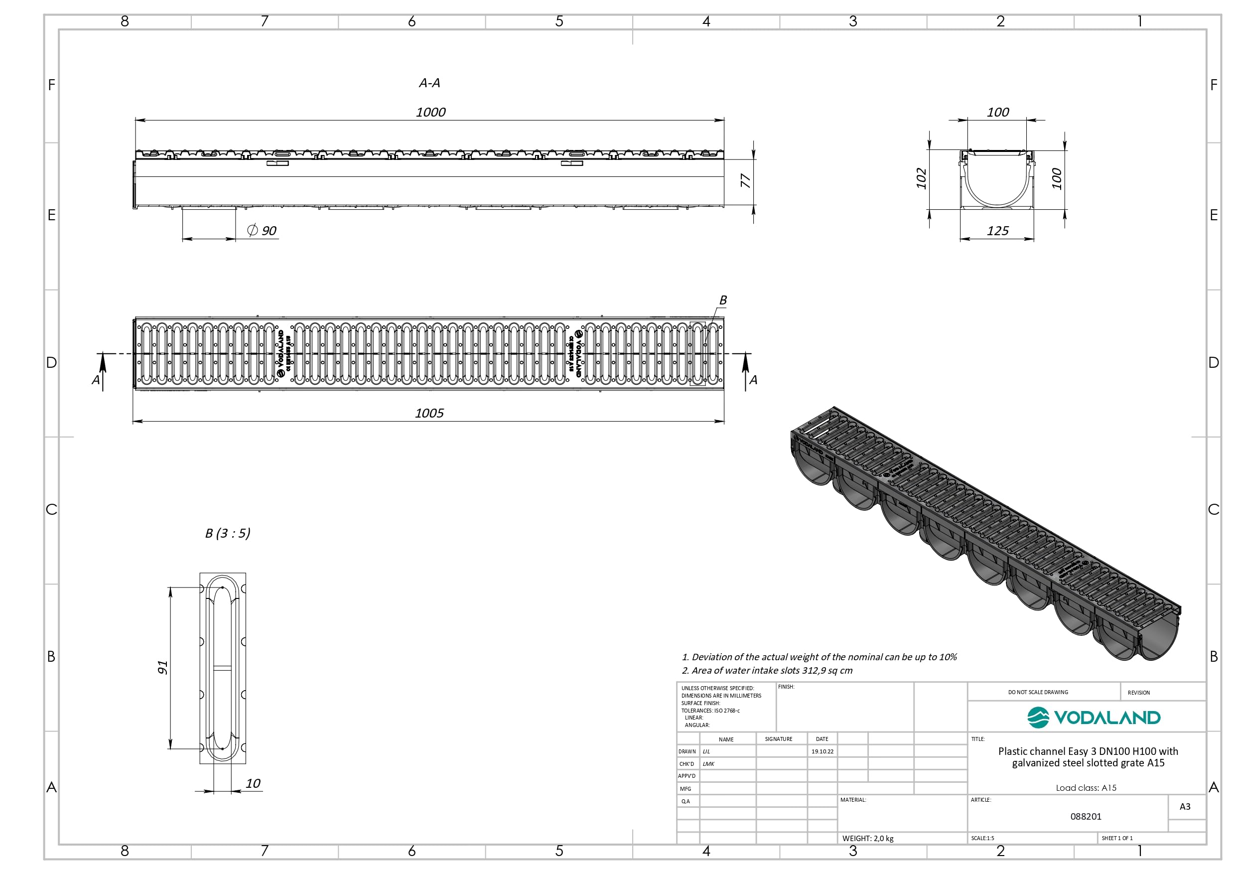 Canaletas de Desagüe Easy 3 con Rejilla de Acero - Kit de 3 Metros para Drenaje de Jardín, Aguas Pluviales y Terraza - Canaletas Galvanizadas VODALAND para Recoger Agua de Forma Eficaz y Oculta