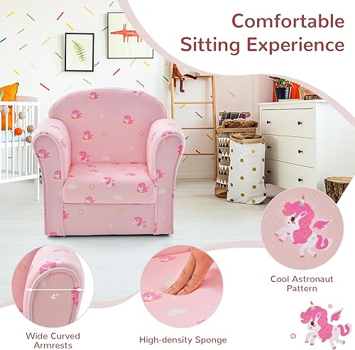 Miniatura 5 de INFANS Sofá para niños, sillón para niños pequeños con diseño de dibujos animados de construcción de madera resistente, sillón tapizado para niños,