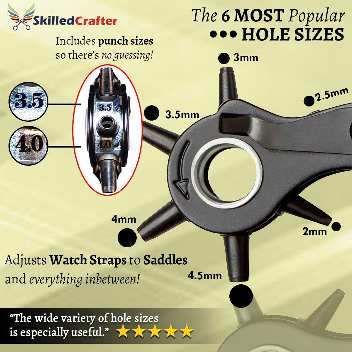Leather Hole Punch & Belt Hole Puncher Easily Punches Perfect Round Holes. Bonus Ruler & Awl Tool. Leather Punch Tool for Watch or Bag Strap, Fabric, Eyelet - Precision Crafting & Professional Results : Arts, Crafts & Sewing