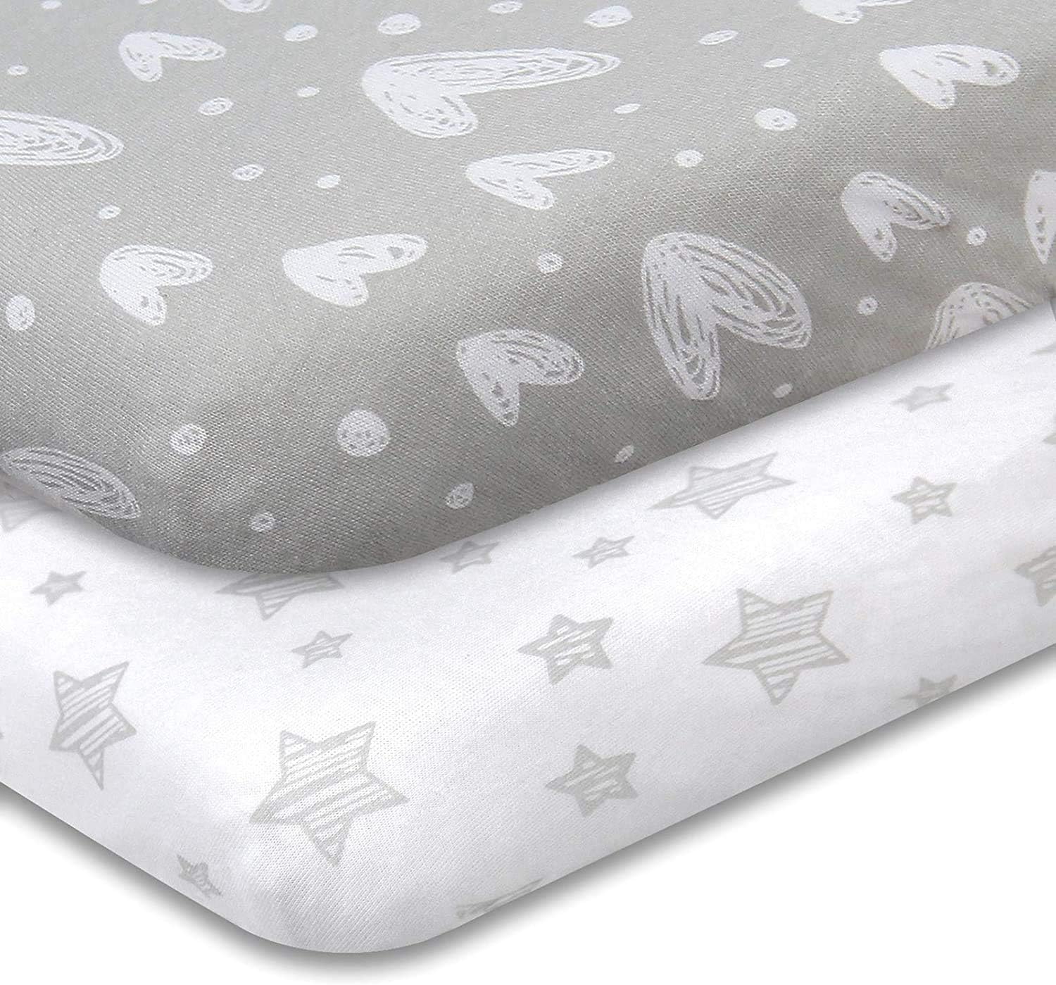 Travel Cot Sheets 2 Pack, 95x65cm fitted, 100 Jersey Knit Cotton Sheets, Ultra Soft and