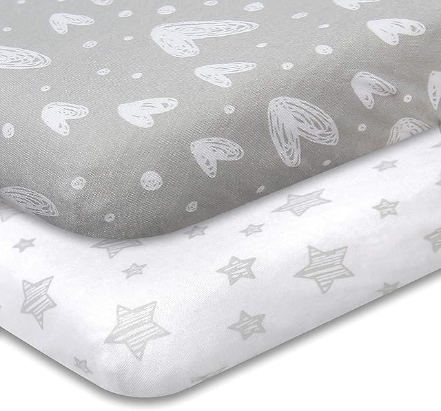 Travel Cot Fitted Sheet, 2 Pack, 100% Jersey Knit Cotton Pack n Play Sheets or Playpen Sheets(95×65cm), Ultra Soft and Breathable for Baby