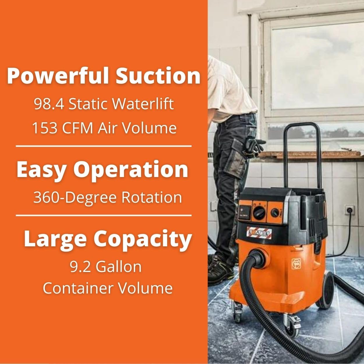 Fein Turbo II X AC PRO dust extractor with text detailing powerful suction, easy operation, and 9.2-gallon capacity.