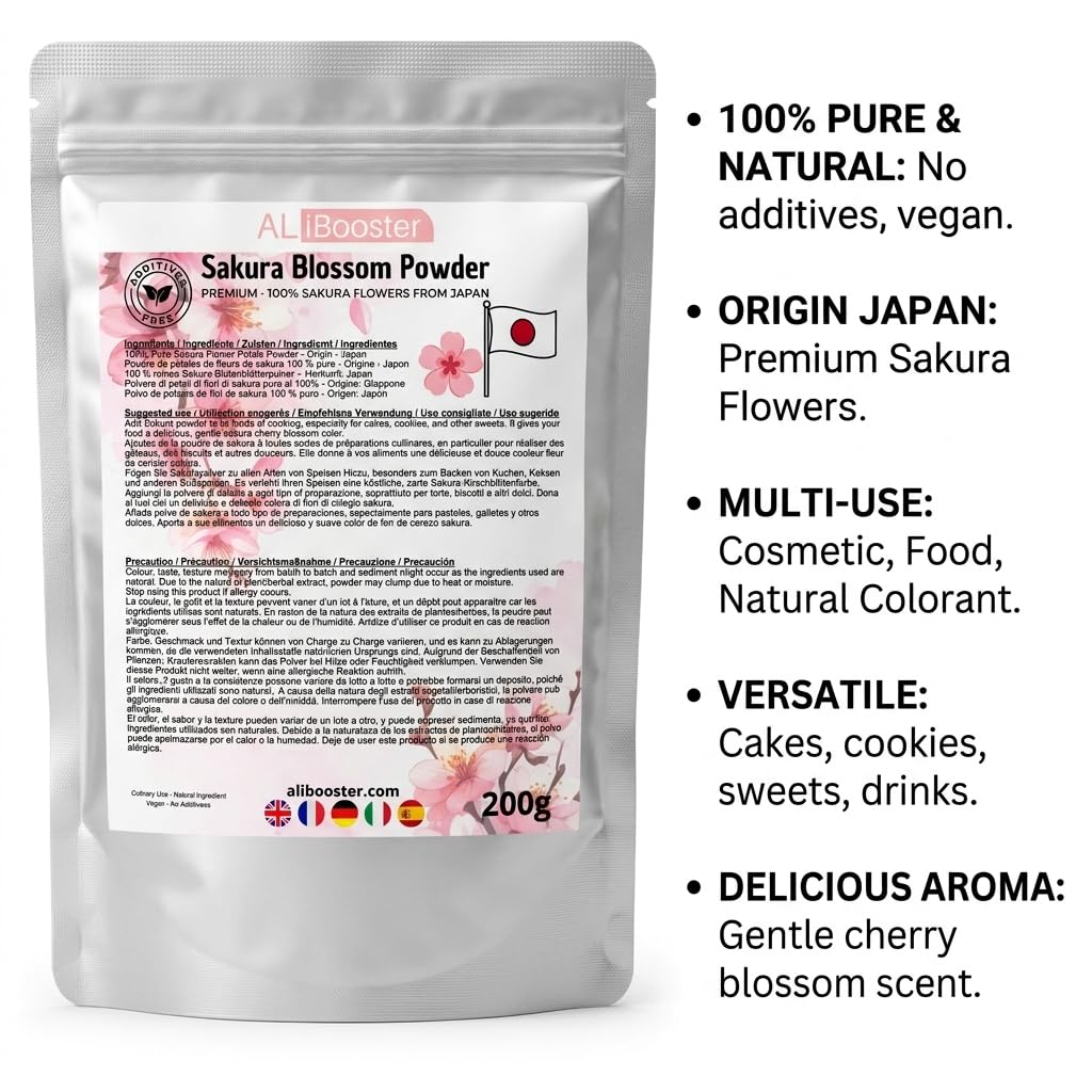 Poudre de Fleurs de Sakura Premium 200 g - Origine Japon - Sakura Blossom 100% Pure - Poudre de Pétales - Pâtisserie, Desserts, Boissons, Bubble Tea & Cuisine Japonaise